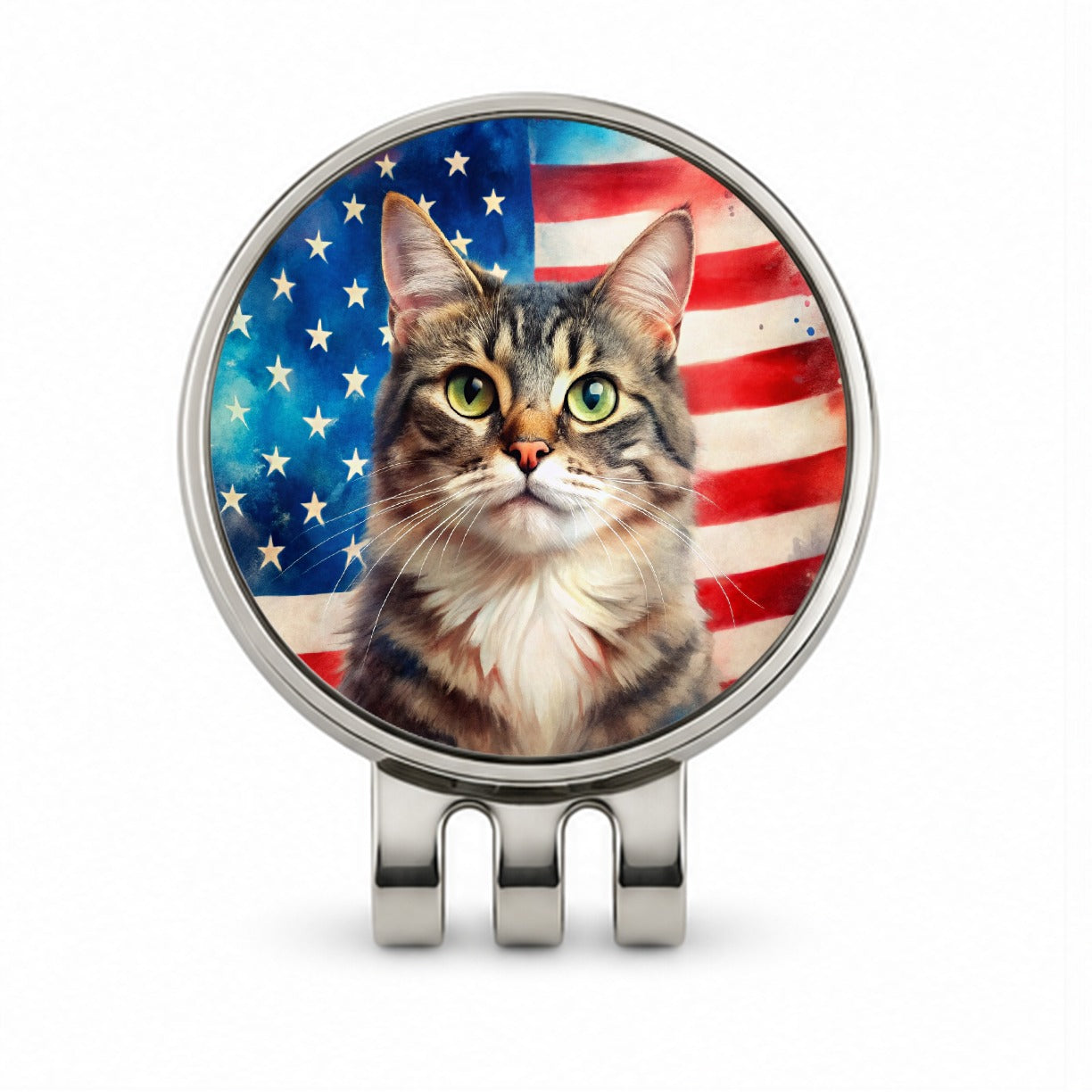 Patriotic Cat Watercolor American Flag Background Golf Hat Clip with Ball Marker