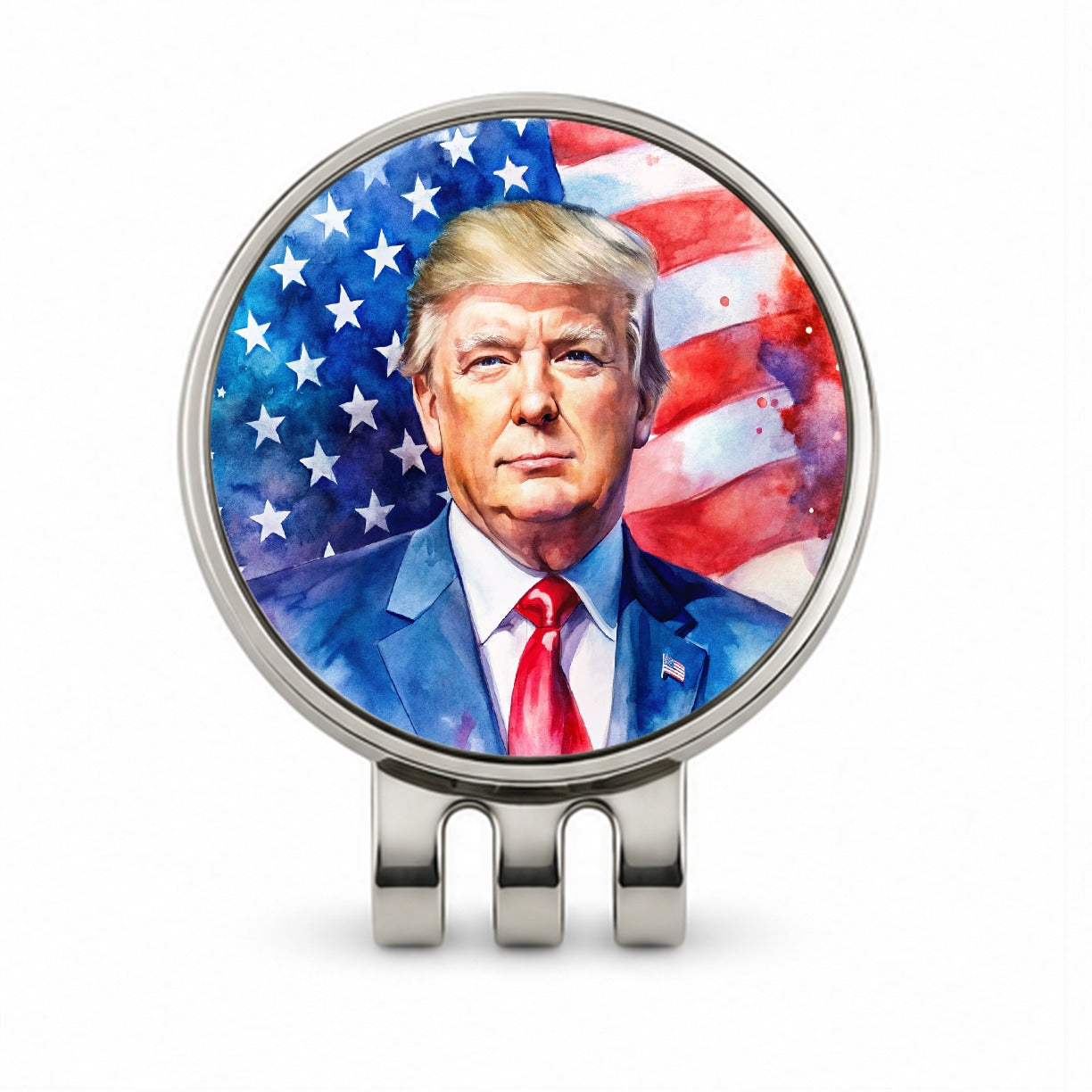 Patriotic Donald Trump American Flag Background Watercolor Golf Hat Clip with Ball Marker