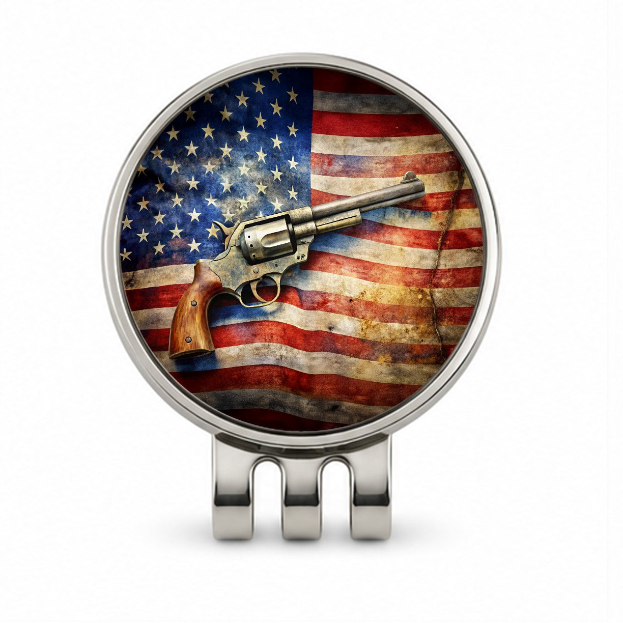 Patriotic Western Revolver With American Flag 2nd Amendment Watercolor Golf Hat Clip with Ball Marker