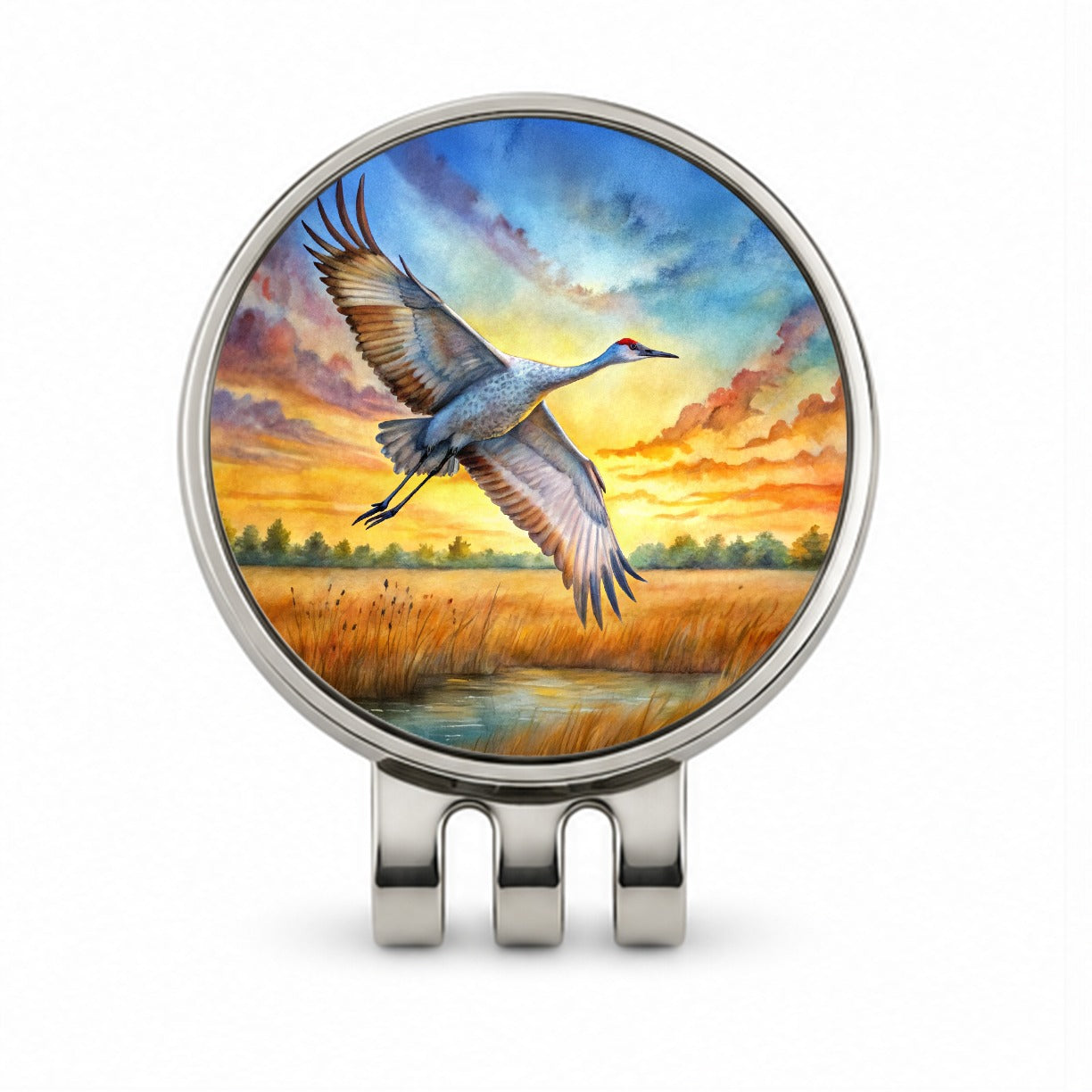 Sandhill Crane In Flight At Sunset Watercolor Golf Hat Clip with Ball Marker