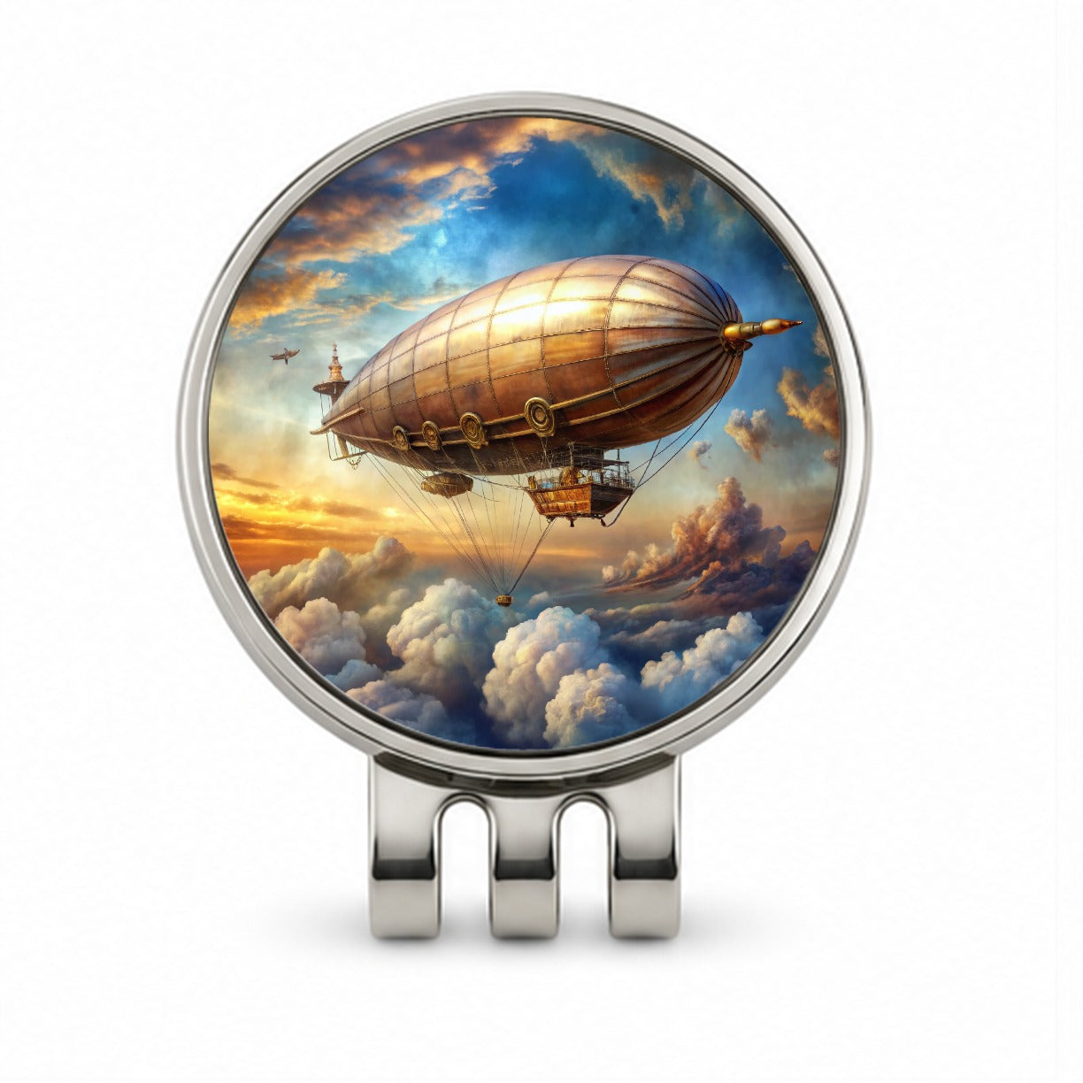 Steampunk Airship Dirigible Flying in Cloudy Sky Fantasy Sci-fi Golf Hat Clip with Ball Marker