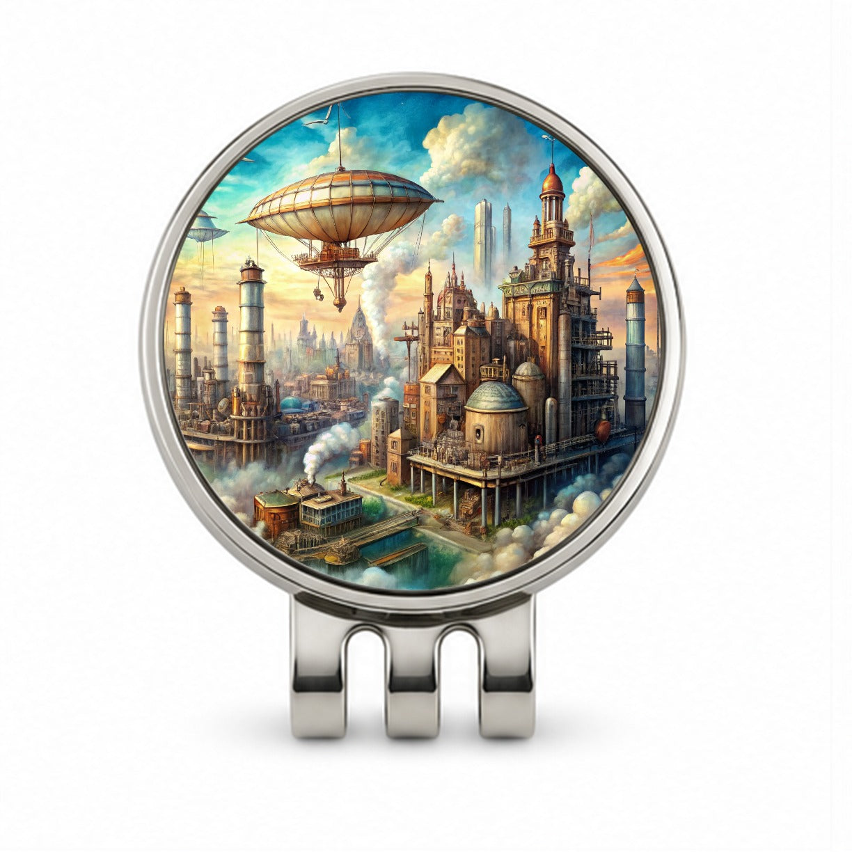 Steampunk City and Airship Fantasy Sci-fi Scene Golf Hat Clip with Ball Marker