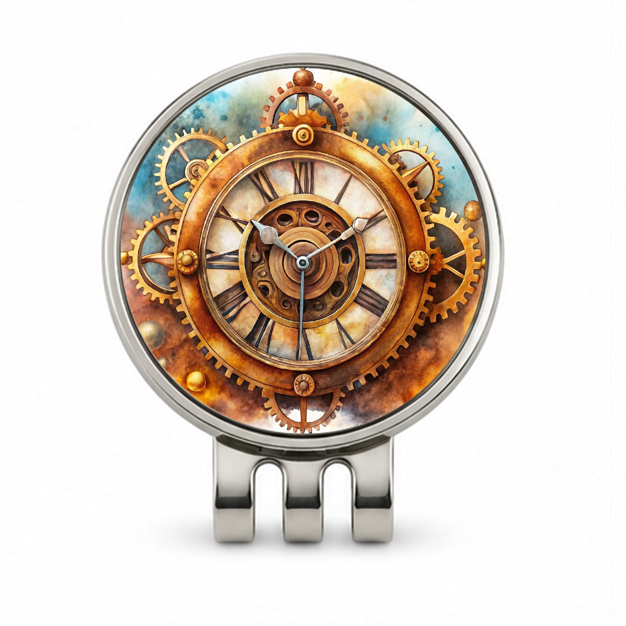 Steampunk Clock Fantasy Sci-fi Watercolor Golf Hat Clip with Ball Marker
