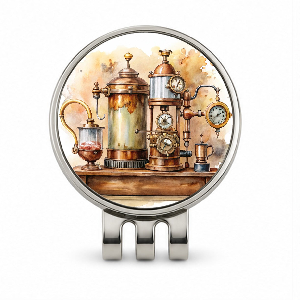 Steampunk Coffee Maker Fantasy Sci-fi Watercolor Golf Hat Clip with Ball Marker