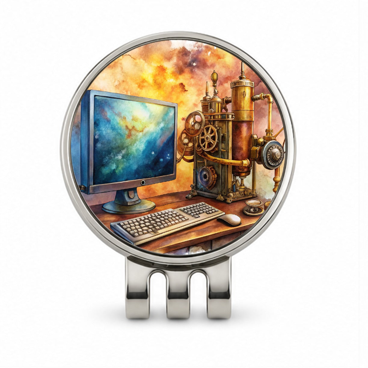 Steampunk Desktop PC Computer Fantasy Sci-fi Watercolor Golf Hat Clip with Ball Marker