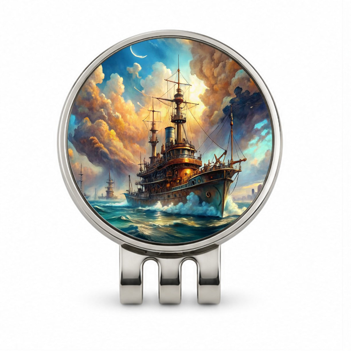 Steampunk Iron Warship Fantasy Sci-fi Watercolor Golf Hat Clip with Ball Marker