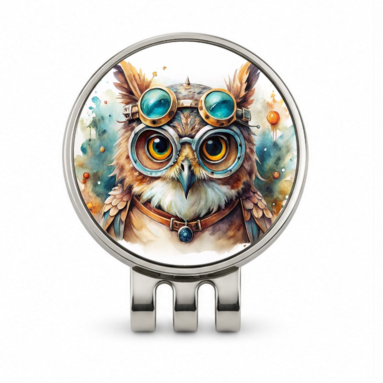Steampunk Owl With Goggles Fantasy Sci-fi Watercolor Golf Hat Clip with Ball Marker