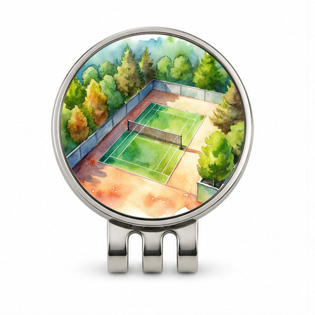 Tennis Court Watercolor Golf Hat Clip with Ball Marker