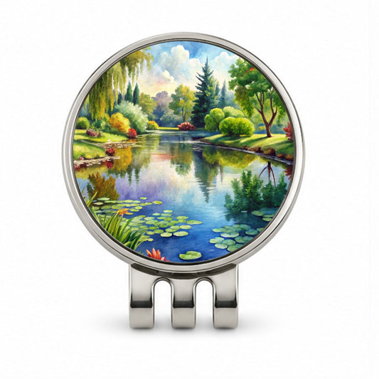 Tranquil Pond Scene Watercolor Golf Hat Clip with Ball Marker