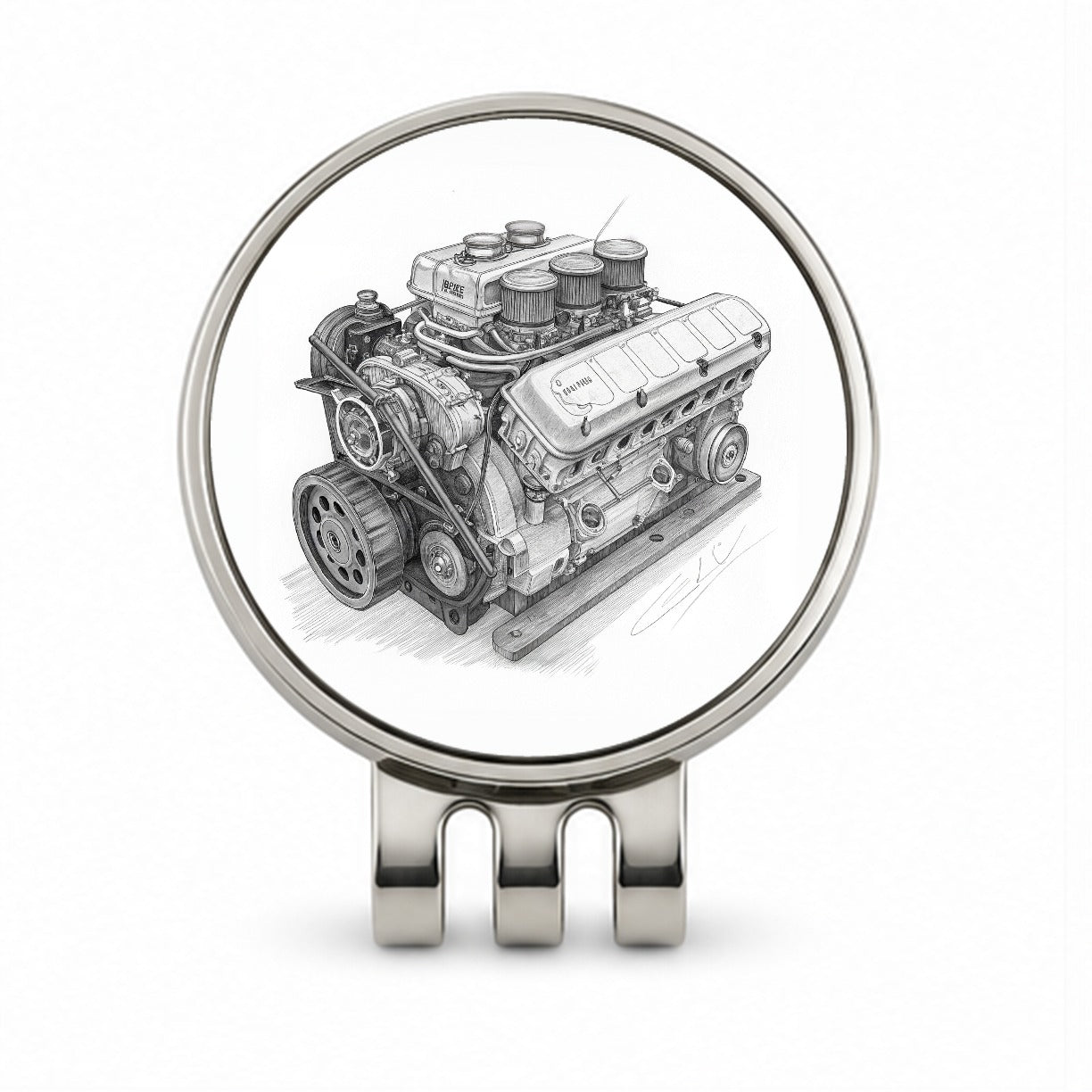V8 Car Engine Sketch Golf Hat Clip with Ball Marker