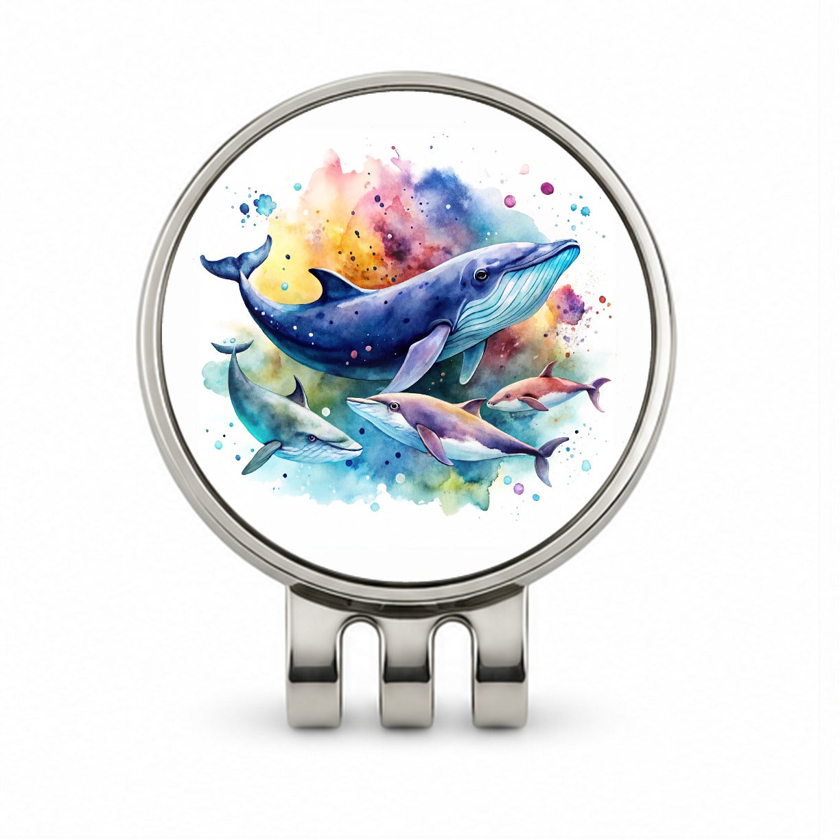Whales Family Colorful Watercolor Golf Hat Clip with Ball Marker