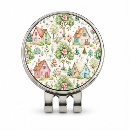 Cottagecore Cute Country Homes Pattern Golf Hat Clip with Ball Marker