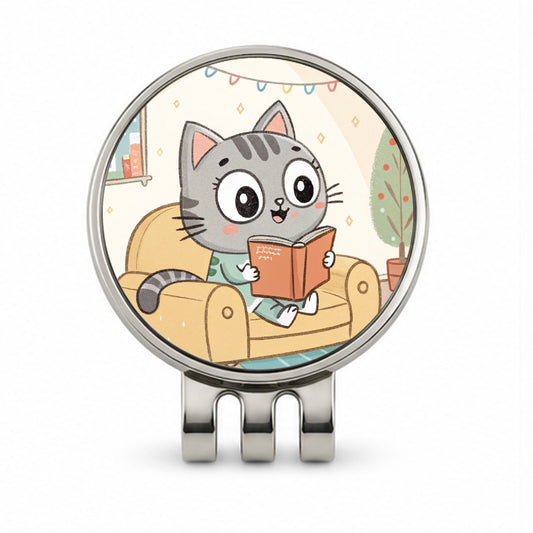 Kawaii Cat Reading Book On Couch Reader Golf Hat Clip with Ball Marker
