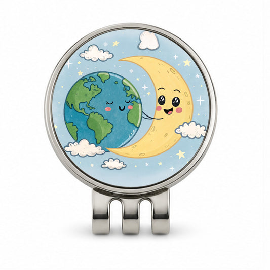 Kawaii Earth And Crescent Moon Golf Hat Clip with Ball Marker