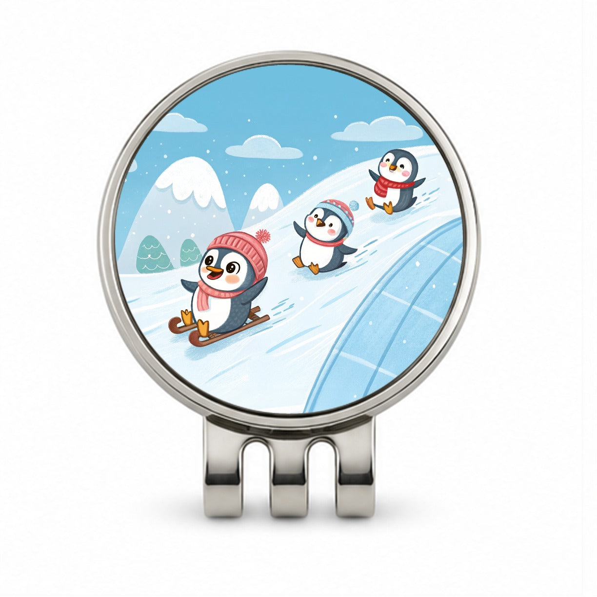 Kawaii Penguins Sledding Snow Golf Hat Clip with Ball Marker