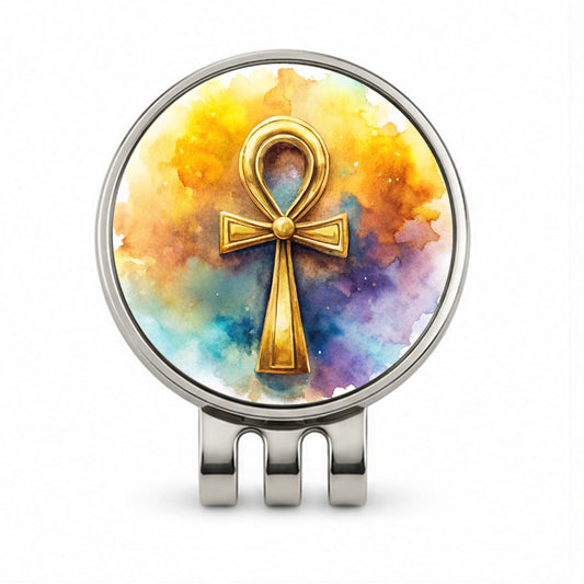 Ancient Egyptian Gold Ankh Watercolor Golf Hat Clip with Ball Marker