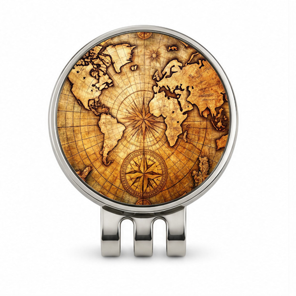 Ancient World Map with Compass Rose Golf Hat Clip with Ball Marker