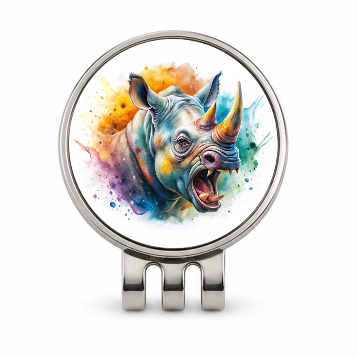 Angry Rhino Rhinoceros Watercolor Golf Hat Clip with Ball Marker