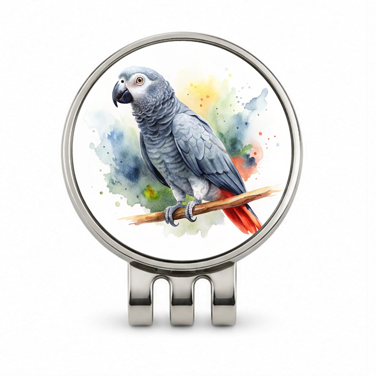 Congo African Grey Parrot Watercolor Golf Hat Clip with Ball Marker