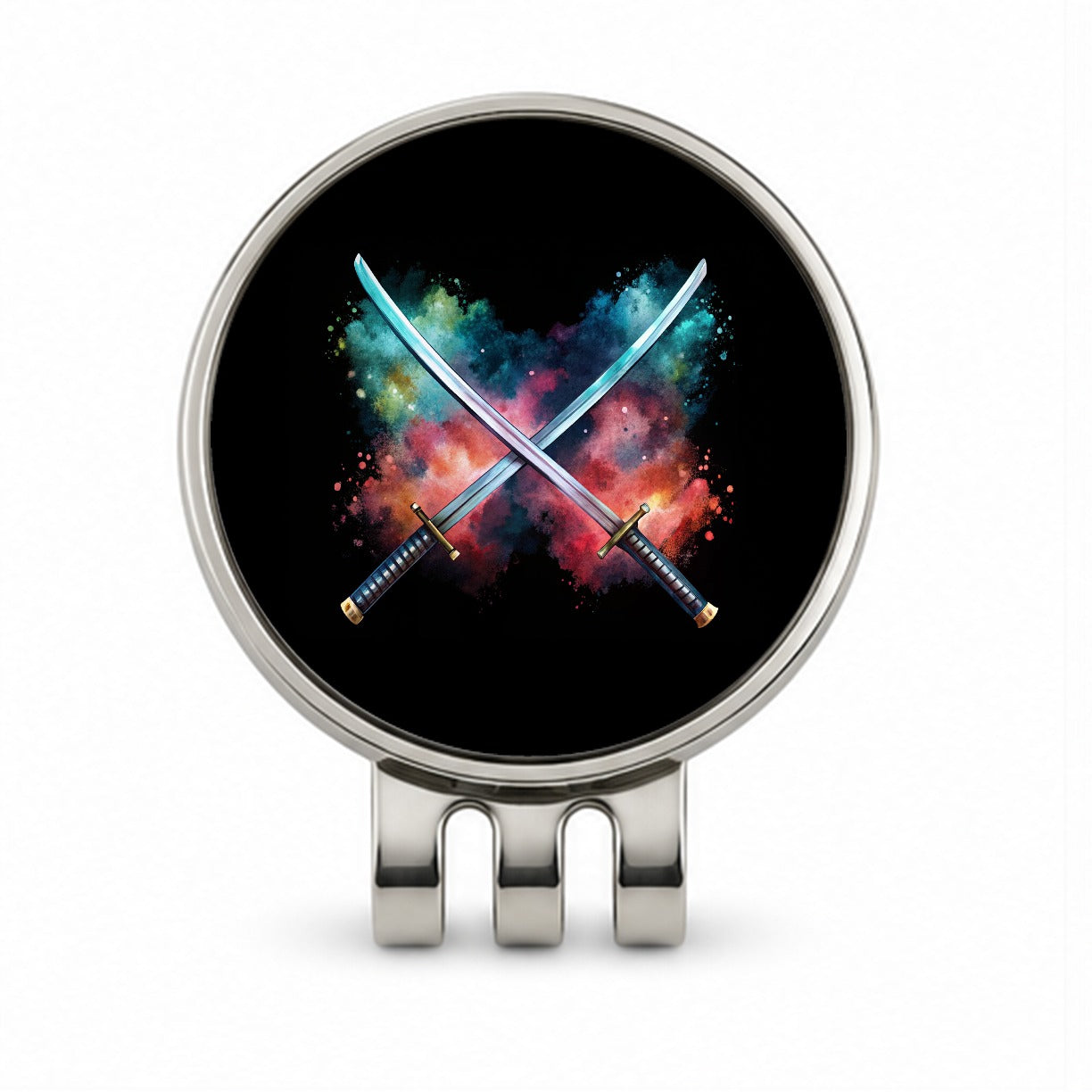 Crossed Katana Samurai Ninja Swords Black Watercolor Golf Hat Clip with Ball Marker
