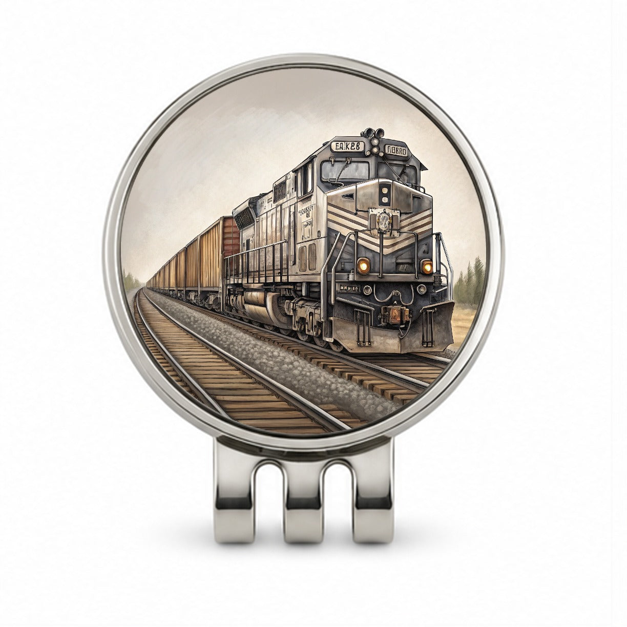 Diesel Locomotive Pulling A Long Line Of Freight Cars Golf Hat Clip with Ball Marker