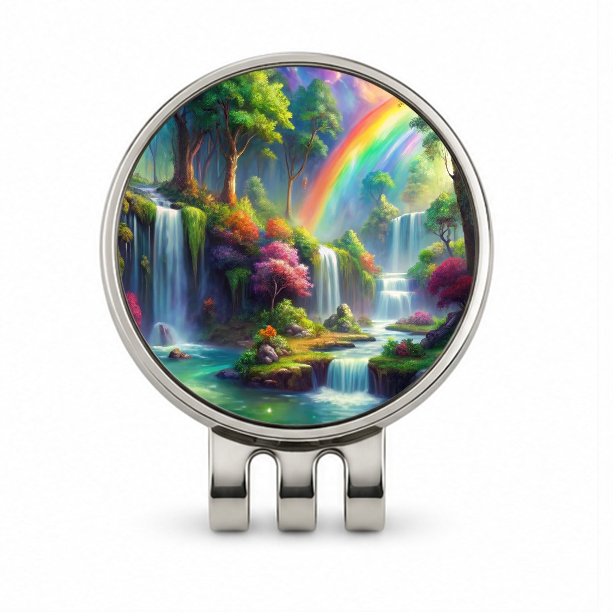 Fantasy Forest Rainbow Waterfalls Watercolor Golf Hat Clip with Ball Marker