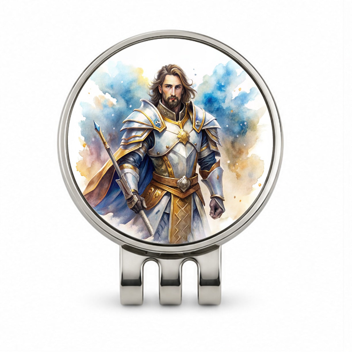 Fantasy Male Paladin Warrior Watercolor Golf Hat Clip with Ball Marker