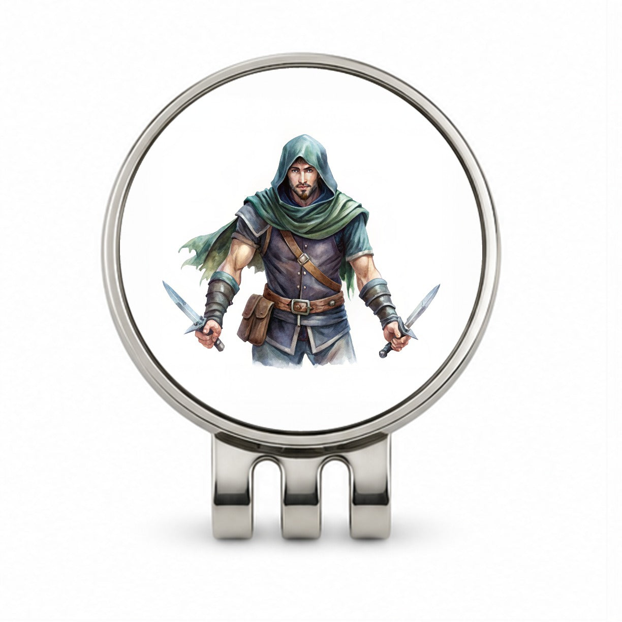 Fantasy Male Thief Rogue with Daggers Watercolor Golf Hat Clip with Ball Marker