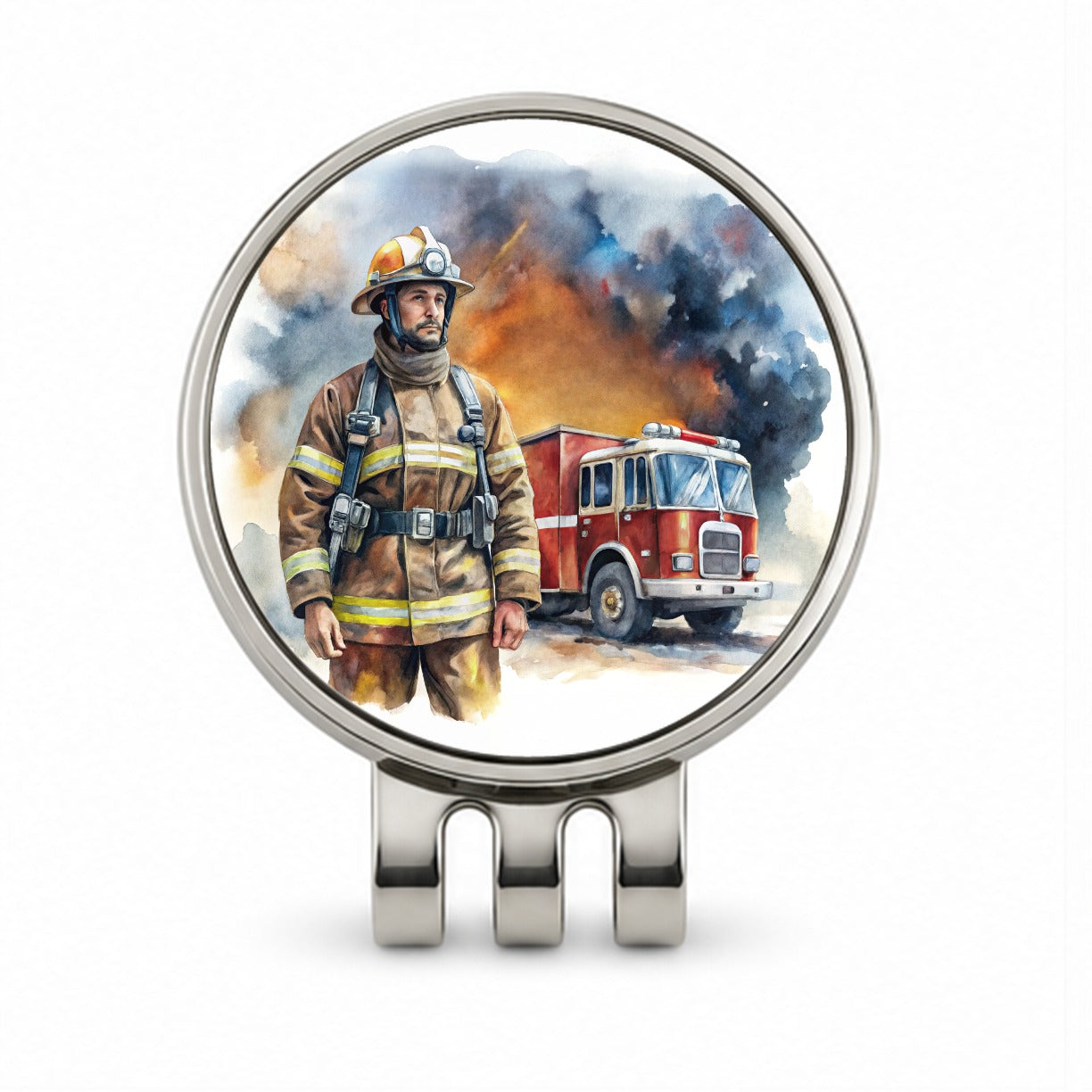 Firefighter and Fire Engine Watercolor Golf Hat Clip with Ball Marker