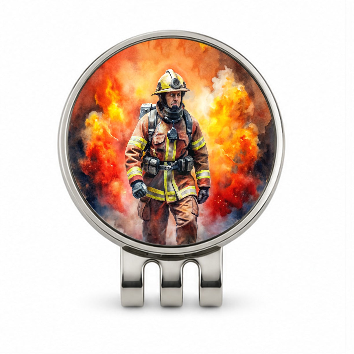 Firefighter Walking Out of Flames Watercolor Golf Hat Clip with Ball Marker