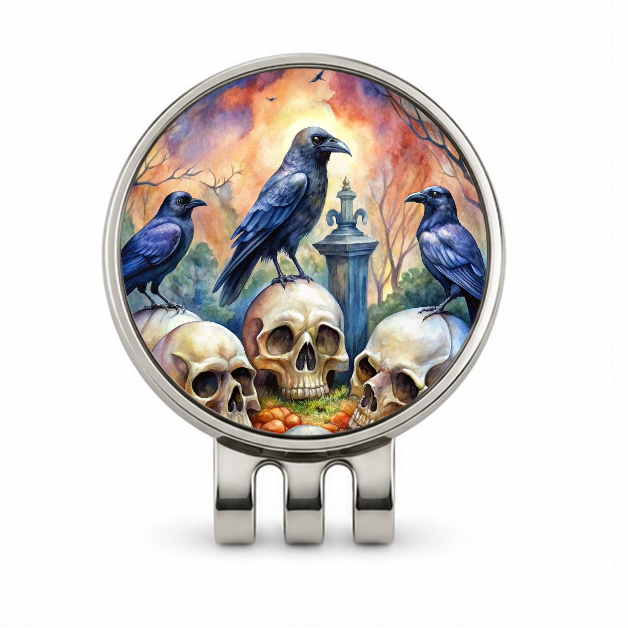 Gothic Raven Death Skulls Watercolor Golf Hat Clip with Ball Marker
