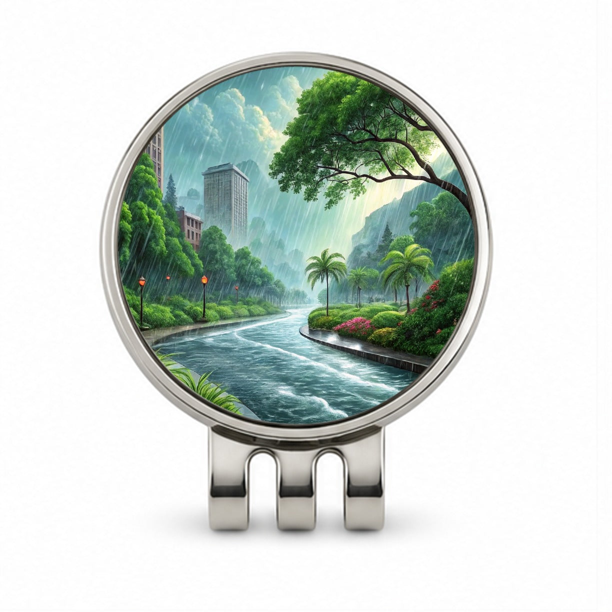 Heavy Monsoon Rain Storm City Landscape Golf Hat Clip with Ball Marker