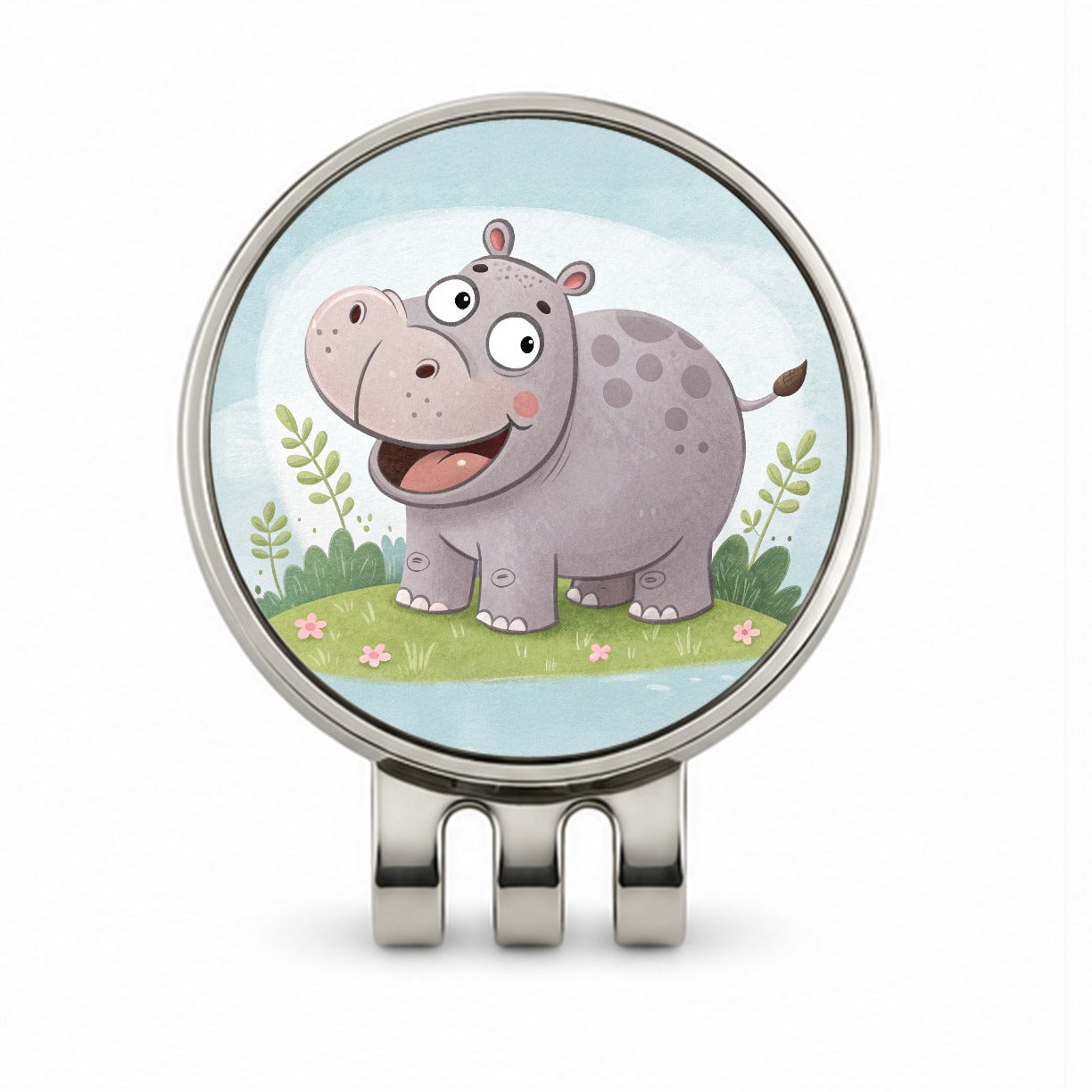 Hippo Children's Illustration Style Golf Hat Clip with Ball Marker