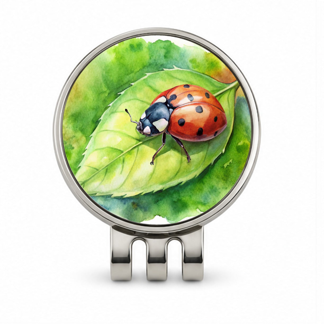 Ladybug On Leaf Watercolor Golf Hat Clip with Ball Marker