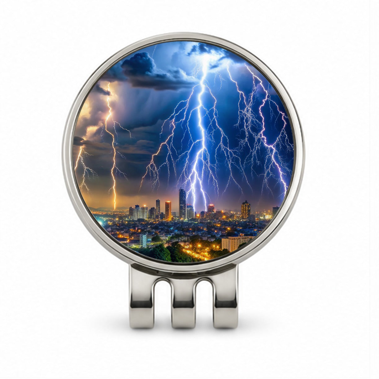 Lighting Strikes Over City At Night Golf Hat Clip with Ball Marker