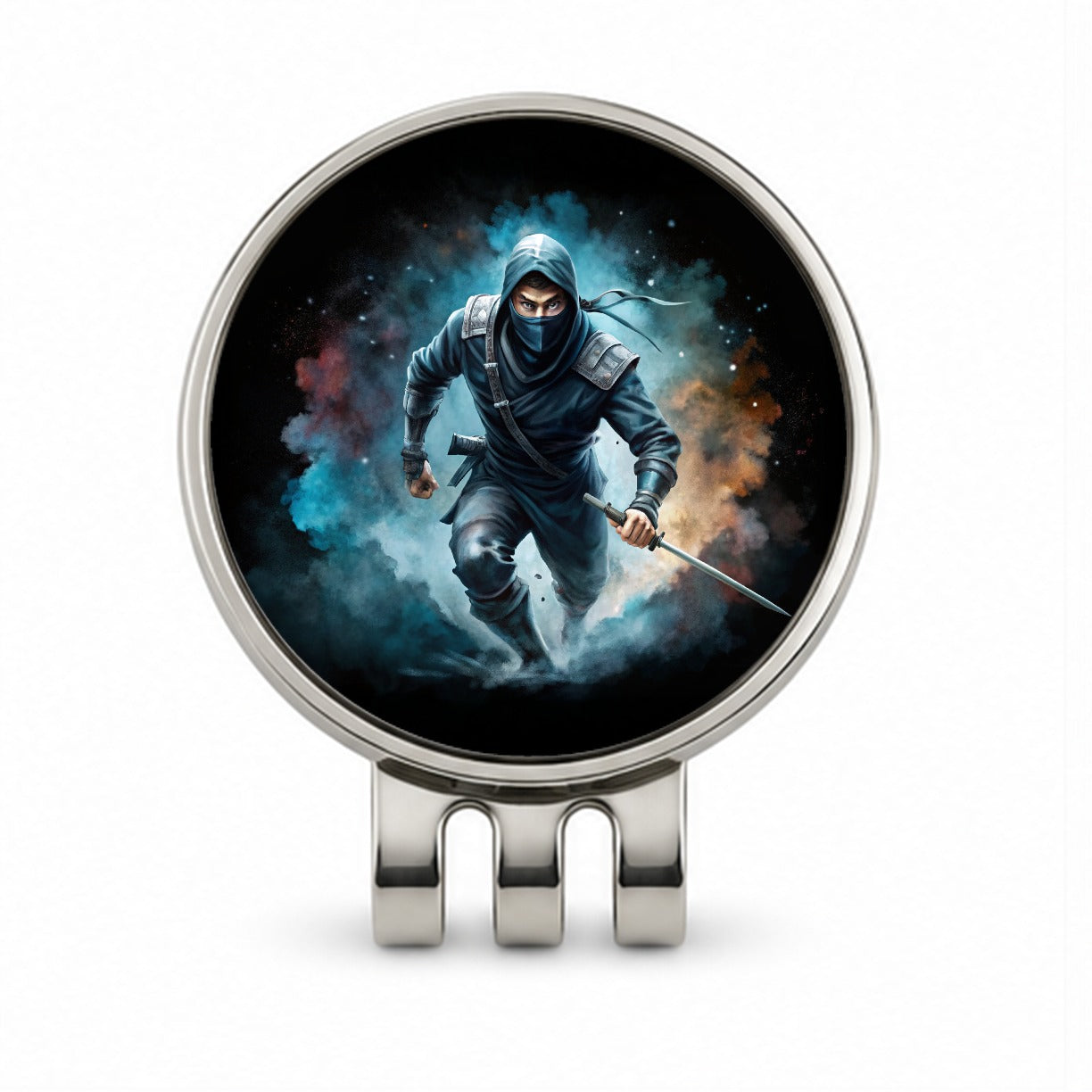 Ninja with Katana Running Black Watercolor Golf Hat Clip with Ball Marker
