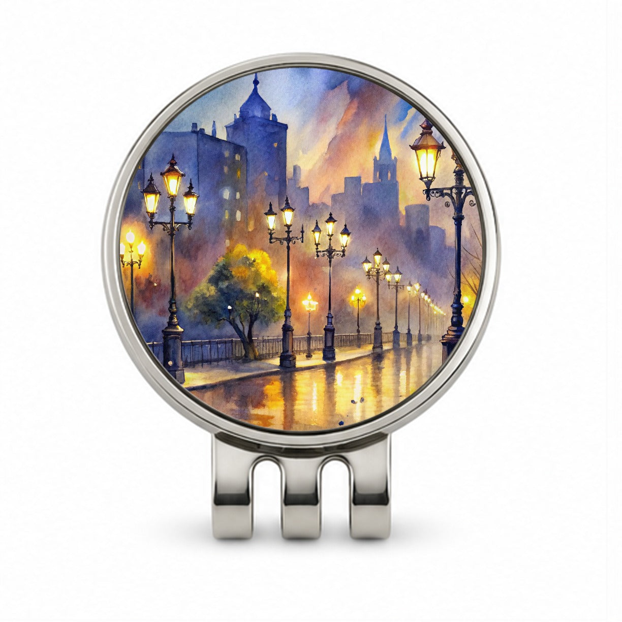 Raining In The City At Night Watercolor Golf Hat Clip with Ball Marker