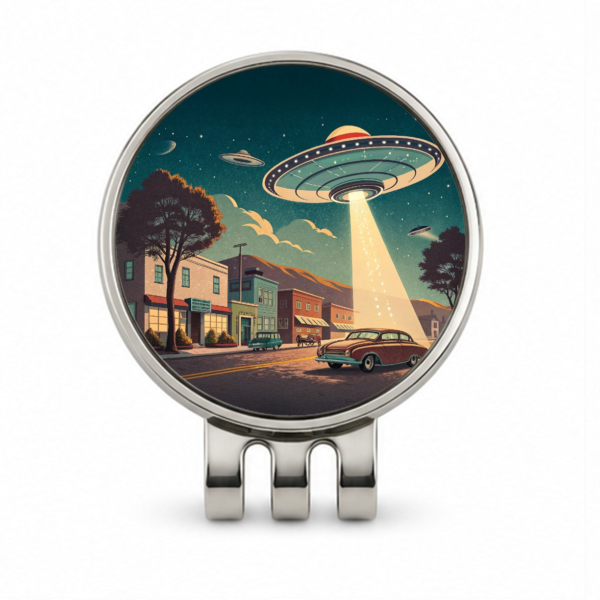 Retro Sci-fi 50's Poster Art Flying Saucer Golf Hat Clip with Ball Marker