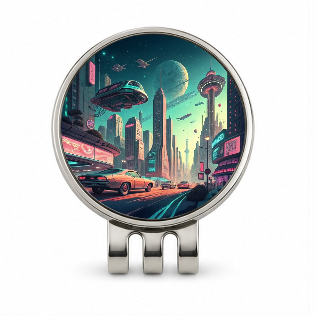 Retro Sci-fi Poster Art Futuristic City Scene Golf Hat Clip with Ball Marker