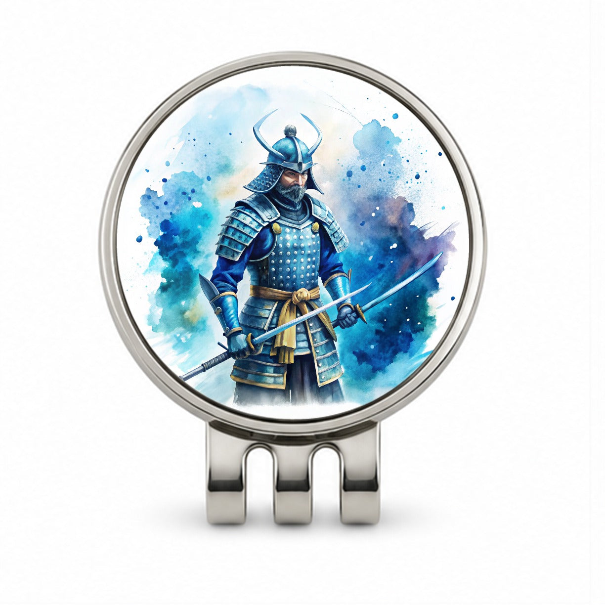 Samurai With Katana And Blue Armor Watercolor Golf Hat Clip with Ball Marker