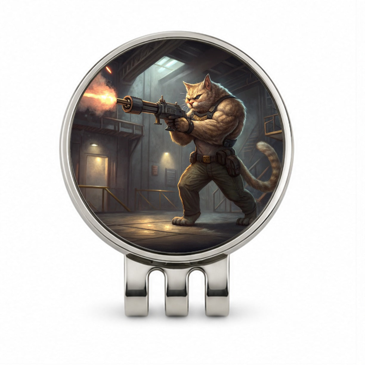 Sci-fi Action Hero Cat Shooting A Machine Gun Golf Hat Clip with Ball Marker
