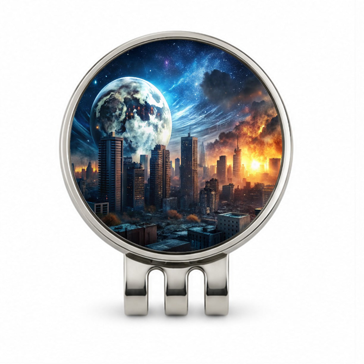 Sci-fi Apocalypse Cityscape City At Night Under a Large Full Moon Golf Hat Clip with Ball Marker