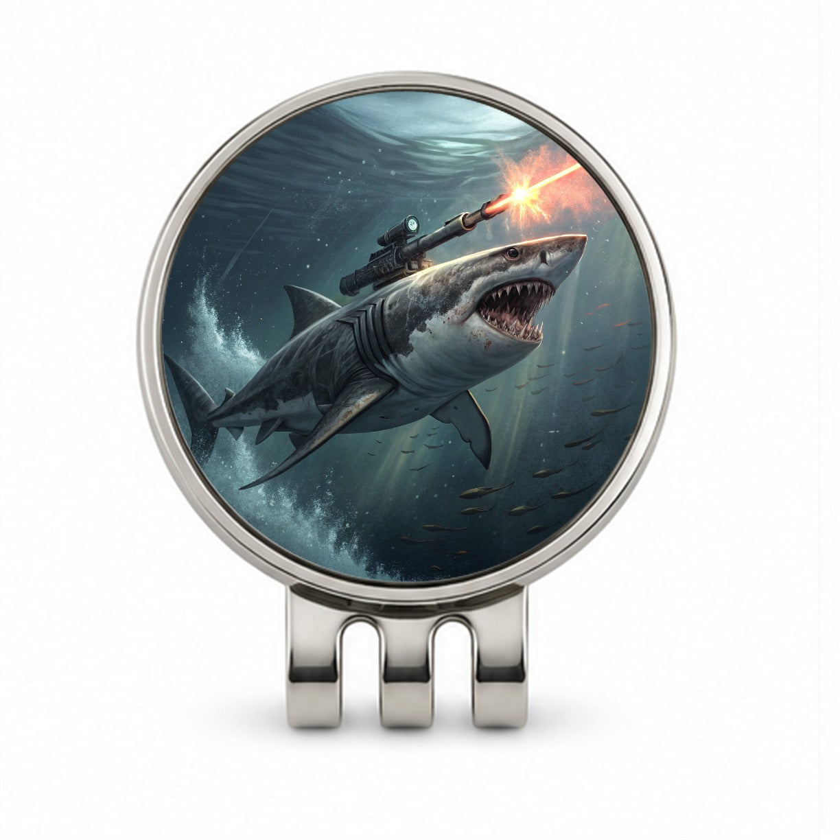 Shark With Laser Gun Mounted On Its Back Golf Hat Clip with Ball Marker