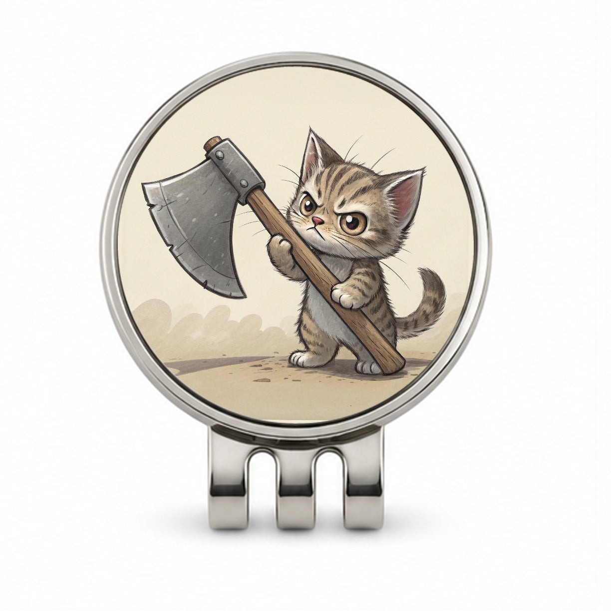 Small Cat Kitten Wielding a Large Axe Funny Fantasy Golf Hat Clip with Ball Marker