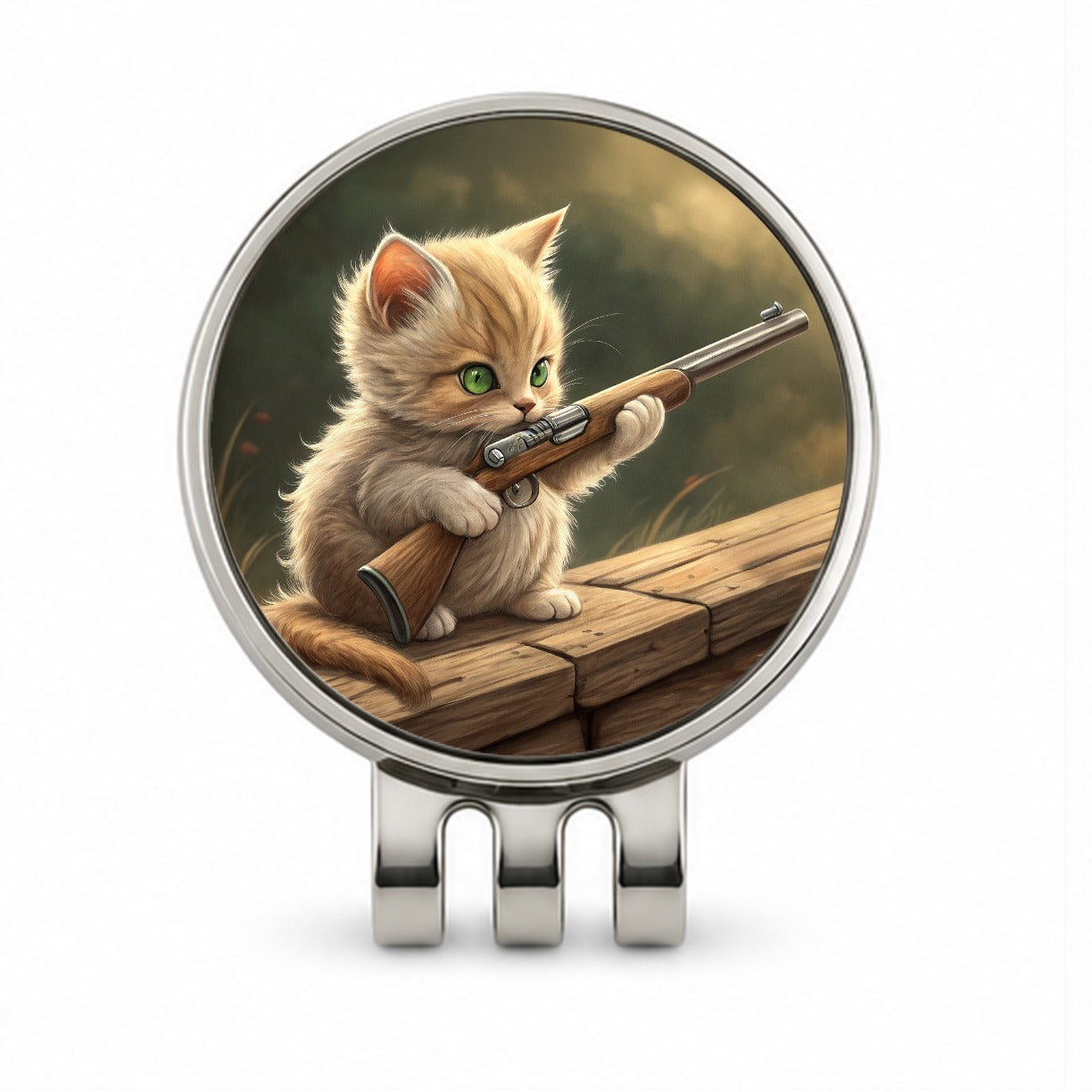 Small Cute Fuzzy Cat Kitten with a Shotgun Funny Golf Hat Clip with Ball Marker