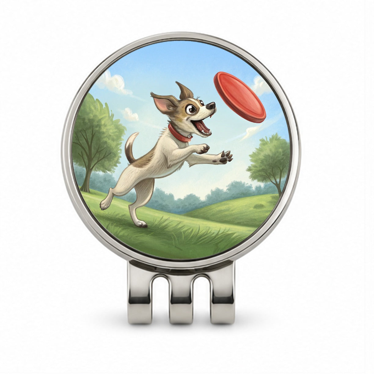 Small Dog Catching a Flying Disc Golf Hat Clip with Ball Marker