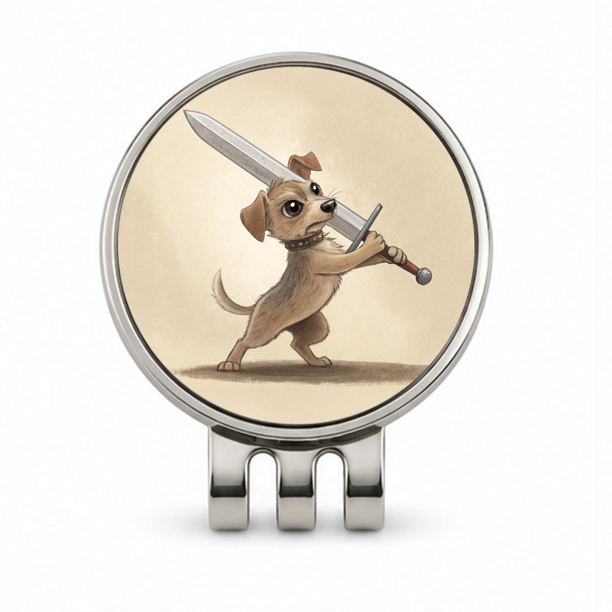 Small Dog Wielding a Large Sword Funny Fantasy Golf Hat Clip with Ball Marker