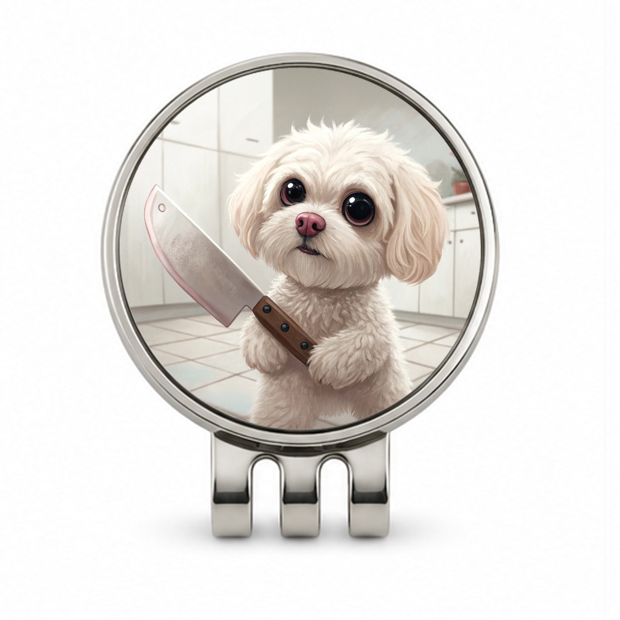 Small Fluffy Dog with a Butcher Knife Funny Scary Halloween Golf Hat Clip with Ball Marker