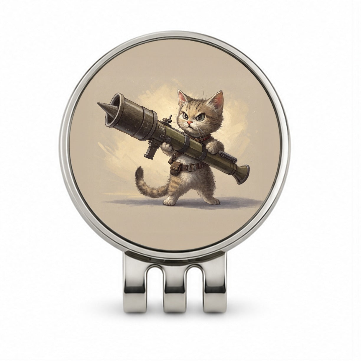 Small Fuzzy Cat Kitten with a Rocket Launcher Funny Golf Hat Clip with Ball Marker