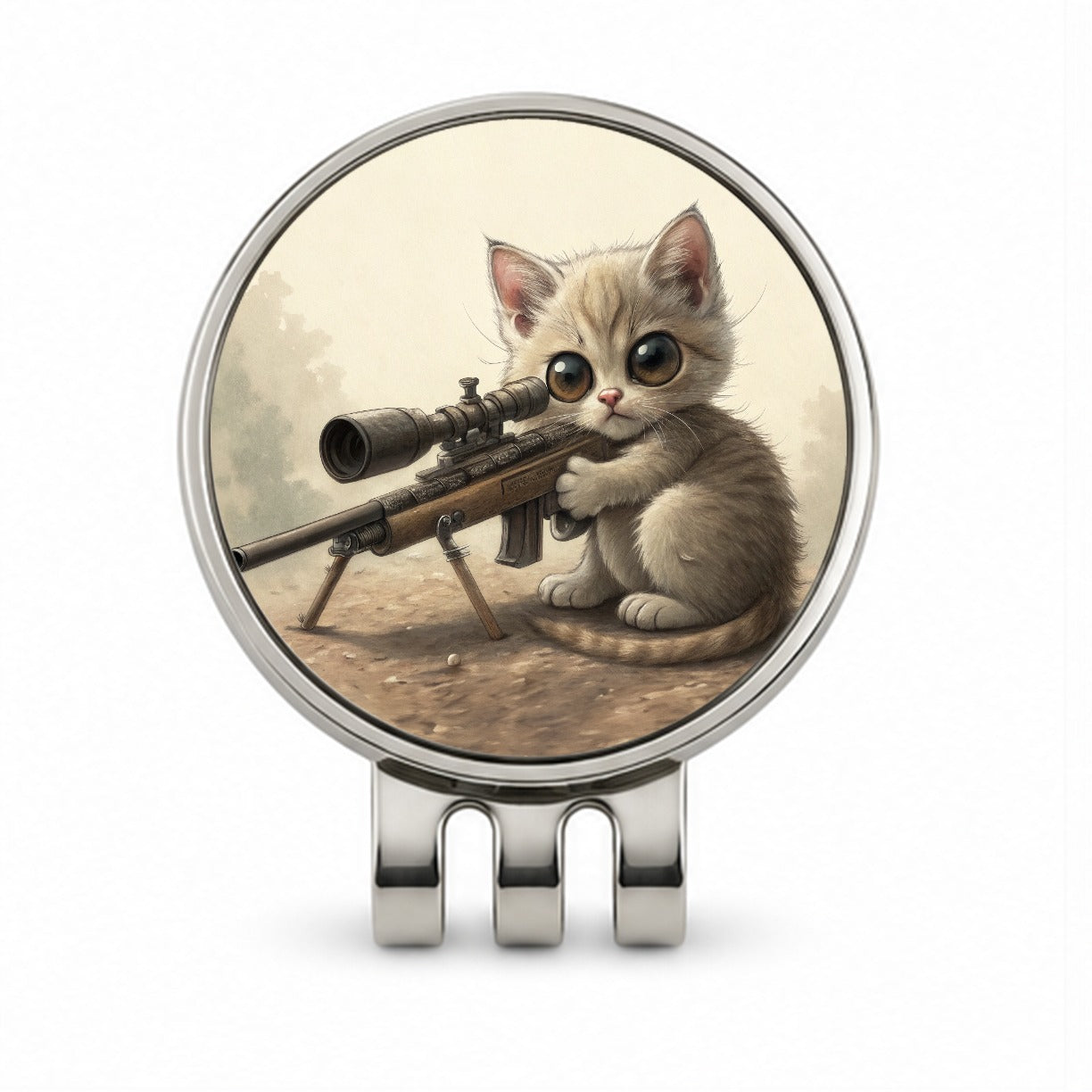 Small Fuzzy Cat Kitten With A Sniper Rifle Funny Golf Hat Clip with Ball Marker